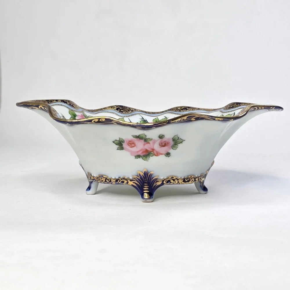 Antique Nippon IE&C Co Hand Painted 4-Footed Porcelain Bowl Cobalt Pink Roses 9